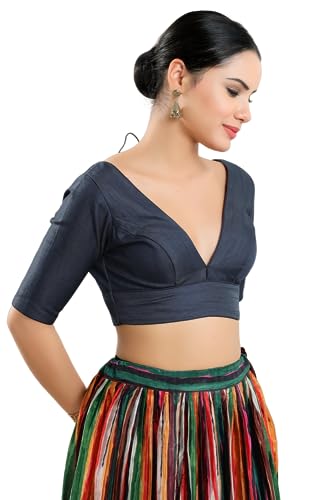 Image of Vamas Women's Silk Padded Self Design Half Sleeve Readymade Saree Blouse (X-1111.ELB)