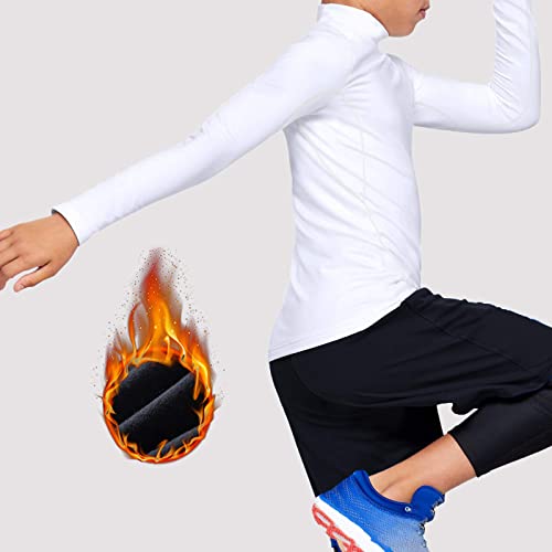 TELALEO Youth Boys' Girls' Thermal Compression Shirt Long Sleeve Fleece Lined Base Layer Athletic Football Undershirt 2 Pack Black/White S3