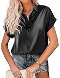 Beyove Women's Short Sleeve Satin Blouses Casual Loose Lapel Collar Silk Shirts Roll Up Sleeve Tunic Tops, Black M