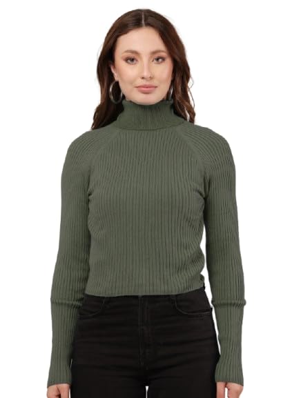 nobarr Women's Cotton Raglan Full Sleeve with high-Neck Ribbed Dark Green Sweater-picture-11