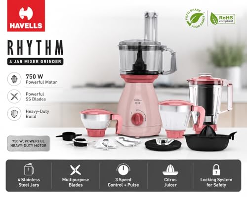 Image of Havells RHYTWH 750 Watt Mixer Grinder with 4 Jars | Includes Food Processor Jar | 12-in-1 Functionality | Rust-Resistant 304 SS Blades | 5-Year Motor Warranty (Light Pink & Rose Pink)