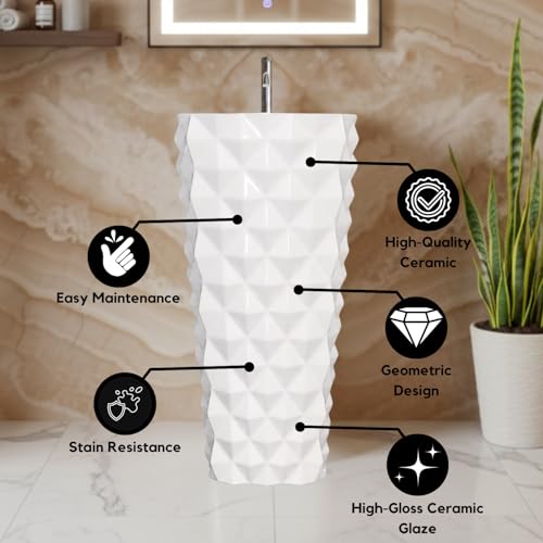 Image of Well Set Luxury Ceramic One Piece Pedestal Wash Basin | Premium Geometric Stand Wash Basin for Home Office Hotel | White