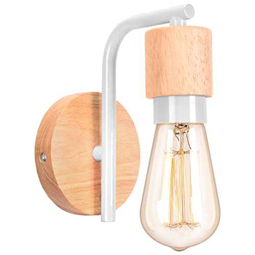 LIGKIN Lampada da Parete Vintage Industriale, Applique da Parete Interno in Metallo Legno, E27 Retro Lampada a Muro, Applique Legno per Camera da Letto, Soggiorno, Bagno, Corridoio, Scale (Bianco)
