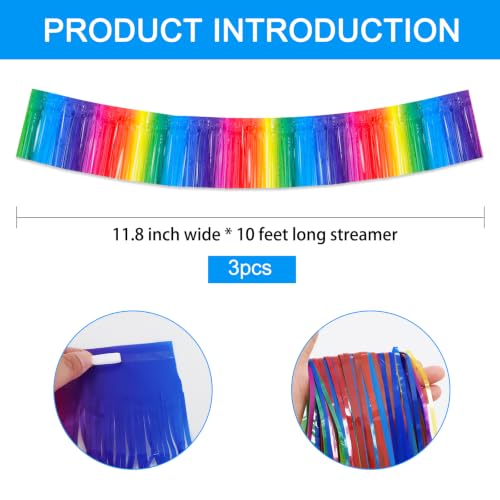 Image of BEISHIDA 3 Pack Deep Macaron Rainbow Foil Fringe Garland Wall Tinsel Banner