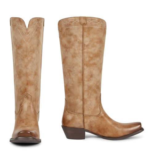 Image of wetkiss Women's Pointed Toe Cowboy Boots | Knee High Cowgirl Boots, Retro Embroidery, Chunky Heel, Pull-On, Style for a Classic Western Look,Stable and Comfortable