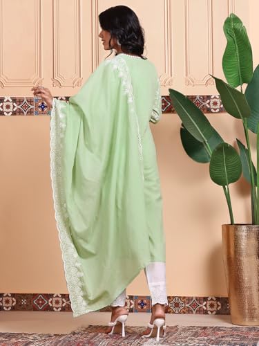 Image of ishin Thread Work Straight Kurta With Pants and Scalloped Schiffli Dupatta