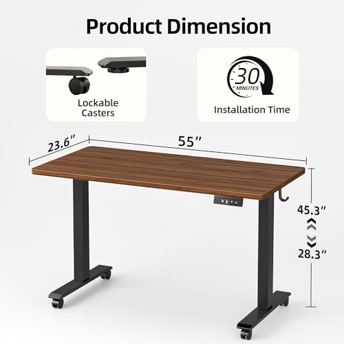 TIQLAB Electric Standing Desk, Adjustable Height Stand up Desk, 55 * 24 Inches Sit Stand Home Office Table with Splice Board, Black Walnut