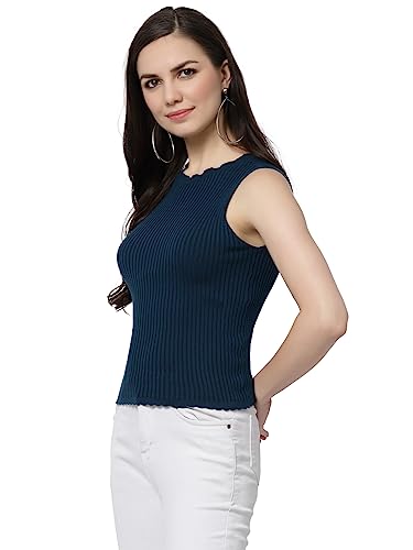 Image of Kalt Womens Knitted, Ribbed Cotton Fitted Sleeveless Round Neck Cami Tank Top