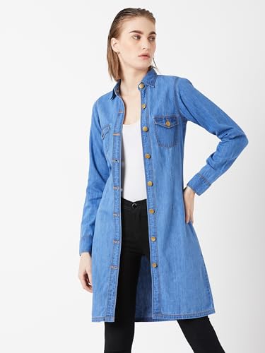 Image of Miss Chase Women's Polo Neck Full Sleeves Patch Pocket Denim Overcoat Knee-Length Jacket