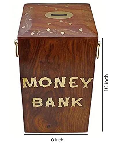 Image of Money Bank - Big Size Master Size Large Piggy Bank Wooden 30 x 15 cm for Kids and Adults (Brown) (14 x 14 x 30 cm Big Size, Brown)