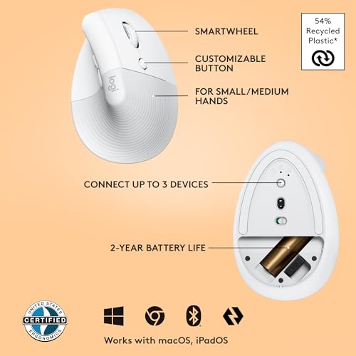 Image of Logitech Lift Vertical Ergonomic Mouse, Wireless, Bluetooth or Logi Bolt USB receiver, Quiet clicks, 4 buttons, compatible with Windows /macOS /iPadOS, Laptop, PC - Off White
