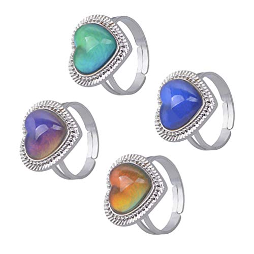 Amosfun 4PCS mood rings for ring girls kids boys bulk women- Heart Shape Adjustable Creative Fashion Mood Rings Finger Rings Color Change Rings