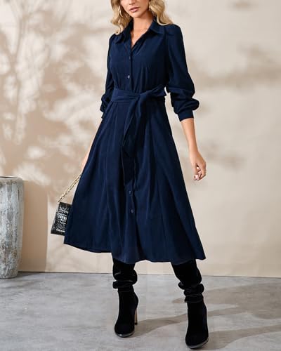 Women's Corduroy Midi Dress Long Sleeve Button Down Belted Flowy Shirt Dress with Pockets2