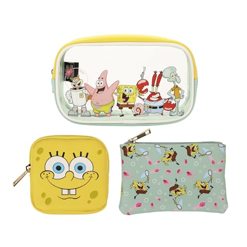 Bioworld Nickelodeon Bob Esponja Calça Quadrada Conjunto de Bolsa Cosmética de 3 Peças com Fecho de Zíper