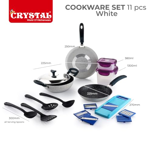 Image of Crystal 11 Pcs Non Stick Cookware Set with Storage Containers | Gas Stove Friendly | Tawa, Fry Pan, Kadhai with Lid, 4 Serving Spoons, 2 Containers & Grater Set | PFOA Free Coating