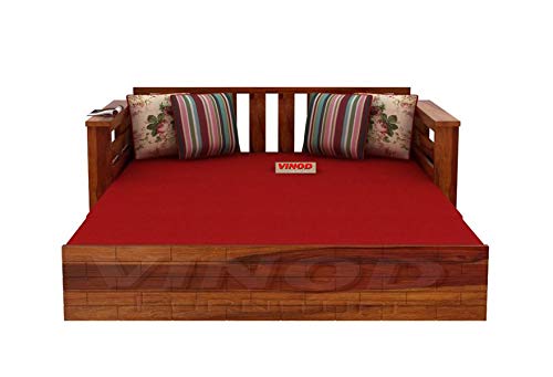 Image of Solid Sheesham Wood Sofa Cum Bed with Storage and Cushions Set for Home Living Room, King Size, Honey Finish (Walnut Finish)