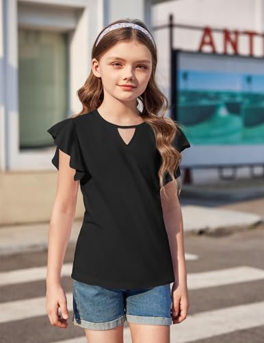 Image of Arshiner Girls Shirts Short Sleeve Tee Ruffle Solid Summer Keyhole Neck Cotton Blouse Tops
