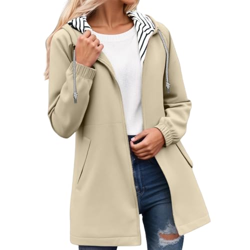 Modeewel Chubasquero largo para mujer, impermeable, transpirable, chaqueta cortavientos, chaqueta de senderismo, chaqueta de senderismo con capucha, forro a rayas, cortavientos, chaqueta de ciclismo