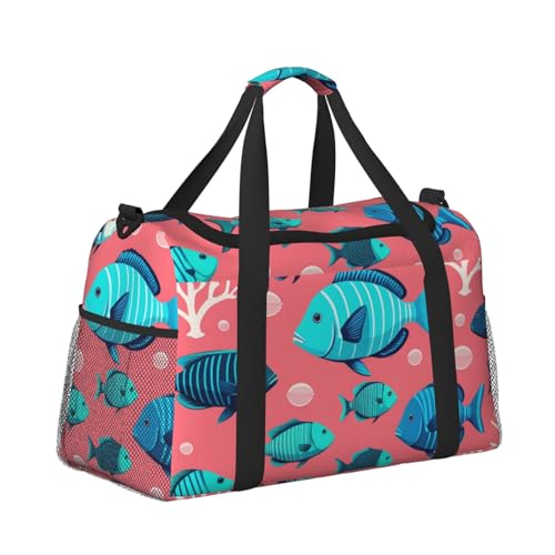 Ocean Fishes Print Travel Duffle Bag - Foldable Personal Item Travel Bag for Women & Men,Carry-On Convertible Crossbody Tote Bags with Adjustable Shoulder Strap & Pockets 13x10.2x19.7 in3