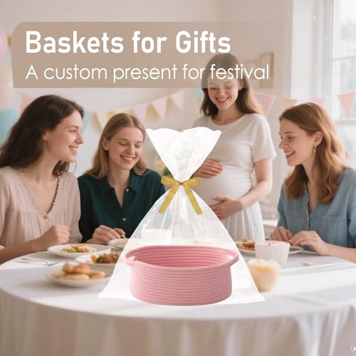 Image of JMvicyroam Small Woven Basket, Empty Gift Basket, Pink /1 Pack | Small Gift Basket, Cotton Rope, 12 x 8 x 42 in, Handles, Includes Ribbon and Bag, Birthday Gift Basket