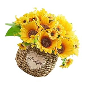GARVALON Artificial Sunflower Bonsai Plant Decor, Small Tabletop Potted Fake Flower, Decorative Home