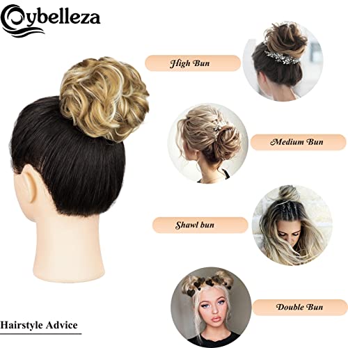 Cybelleza Messy Bun Hair Piece Wavy Curly Hair Scrunchies Thick Messy Hair Bun Updo Hairpiece Synthetic Ribbon Ponytail Extensions Donut Chignons Wavy Wig for Women Girls 40g Blonde & Blonde - Image 4