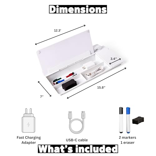 Image of Garood Glass Desktop Whiteboard with Storage Wireless Charger and LED Light Desk Whiteboard Desktop Glassboard Desk White Board Desk Dry Erase Board Phone Holder 15.8X7X2 in