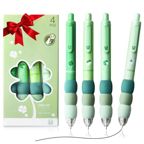 Baowindy Cute Gel Ink Pens 4Pcs Retractable Quick Dry Ink Pens, 0.5mm Fine Point Black Ink Kawaii Smooth Writing Pens, Aesthetic Pens Soft Touch Grip Office School Supplies Stationary (Green)