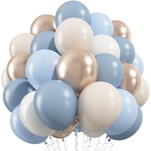 Image of Dusty Blue and Gold Balloons 60 Pcs, 12 Inch Dusty Baby Blue Chrome Gold Balloon Cream Sand White Balloon for Boy Baby Shower Decorations Bridal Shower Gender Reveal Boho Birthday Party Supplies