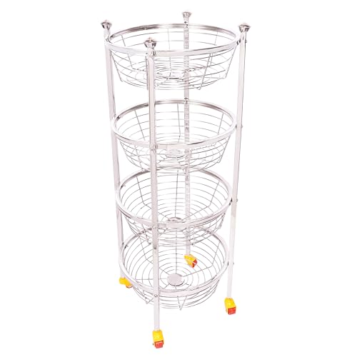 LOGENTA Stainless Steel Round Fruit & Vegetable Trolley, Vegetable Basket | Fruit Basket | Vegetable Stand for Storage | Onion Potato Rack for Kitchen (Round Trolley-4 Layer-12 Inch)
