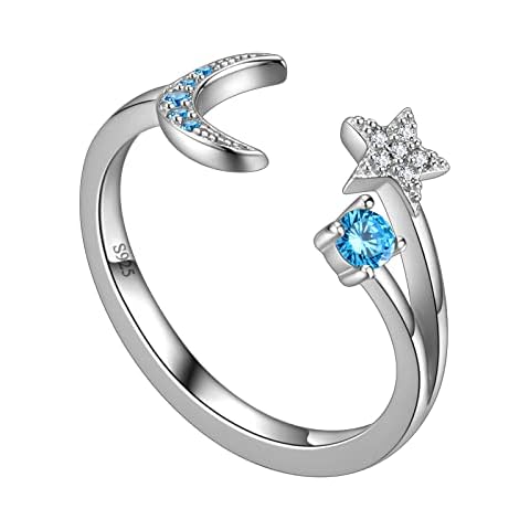 Jewmon Crescent Moon Star Rings for Women s Adjustable Moon Ring Platinum Over 925 Sterling Silver 5A Cubic Zirconia Minimalist Ring Valentines Day Gift Christmas Gifts for Her with Gift Box FR0055W Cover