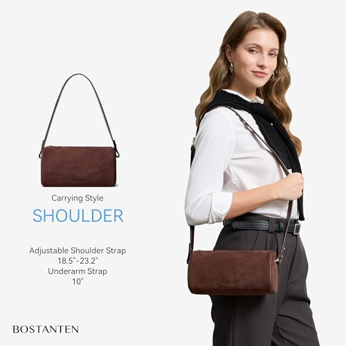 Image of BOSTANTEN Shoulder Bag for Women Suede Leather Crossbody Purse with 2 Strap | Multi Carrying Ways, Luxury Barrel Style, Compact But Roomy, Lightweight, Trendy Versatile for Everyday Commute Office