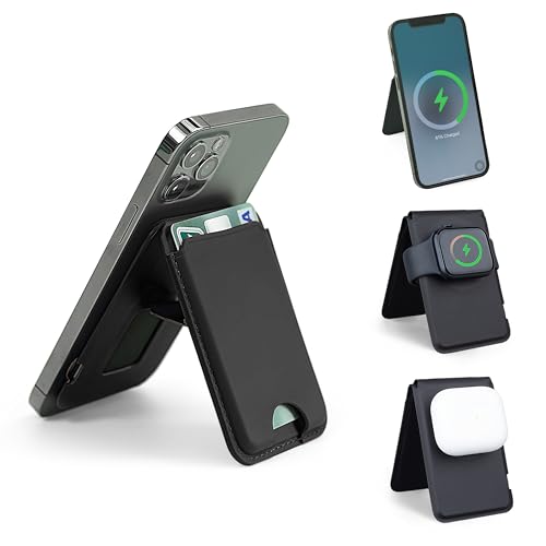 Magnetic Wallet, MagSafe Compatible Card Holder with Wireless Charging, Magnetic Phone Wallet Stand, Charges for iPhone 16/15/14/13/12 Series, Smartwatch, Vegan Leather, Travel Essential, Black
