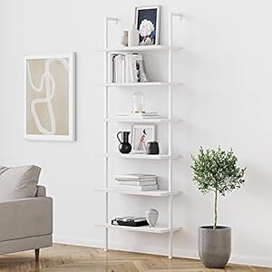 Nathan James Theo 6-Shelf Tall Modern Bookshelf, Wall Mount Ladder Shelf Bookcase with Wood and Industrial Metal Frame, Matte White Nathan James Theo 6 Shelf Tall Modern Bookshelf Wall Mount Ladder Shelf Bookcase with Wood and Industrial Metal Frame Matte White
