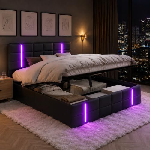 LONELYO Lit Coffre 160x200 cm avec Sommier et Rangement Hydraulique – Lit 2 Personnes Capitonné en Simili Cuir Noir, LED Intégrées, 2 Ports USB, Panneau Acrylique – Design Moderne et Élégant