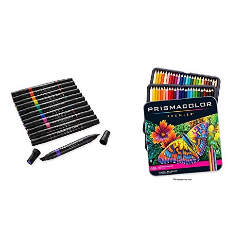 Prismacolor 3620 Premier Double-Ended Art MarkersFine and Chisel Tip & 3598T 48 Piece Prismacolor Colored Art Pencil Set, Multicolor