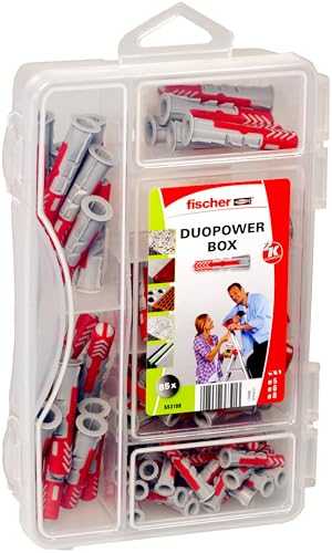 fischer DuoPower-Box mini, Dübelbox mit 85 Teilen (30 Stk. 5 x 25, 35 Stk. 6 x 30, 20 Stk. 8 x 40), Universaldübel, praktische Dübelkiste für Heimwerker & Profis