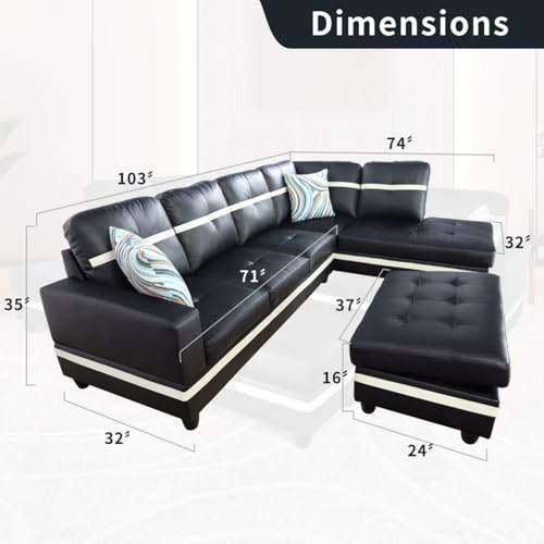 Image of L-Shaped 3-Piece Semi PU Synthetic Leather Sofa with Storage Ottoman Set, Sectional Couch Sofa Set for Living Room, Office, Small Space, Black and White
