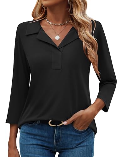 LUYAA Womens Polo Shirts 3/4 Length Sleeve Tops Collar V Neck Business Casual Blouses