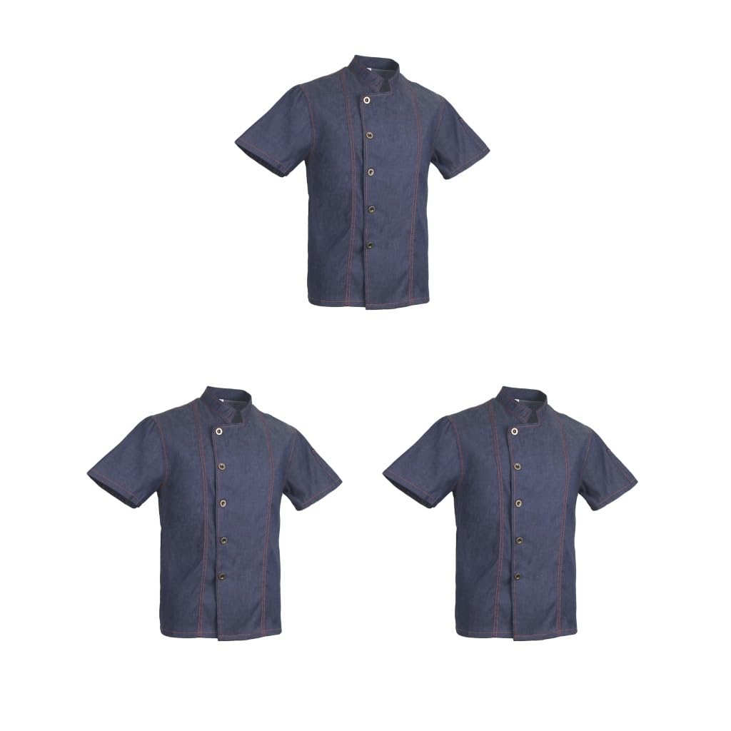 Giacca da cuoco in denim unisex, a maniche corte, divisa da cucina, blu, M