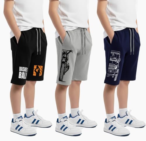 Image of hotfits Boy's Cotton Knee Length Graphic Casual Shorts with Pocket -Pack of 3