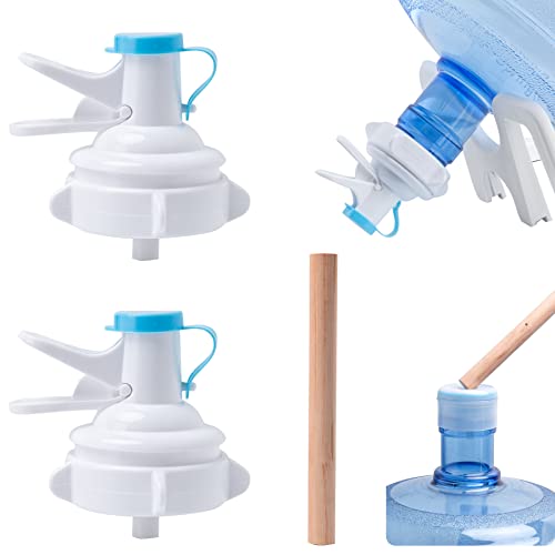 OHOH 2 Pack Water Dispenser Valve Water Jug Dispenser Valve Jug Cap Bottle Spout Reusable Plastic Spigot Faucet with Dustproof Cap and Wood Stick for 55mm Non Threaded Crown Top Drinking Bottle