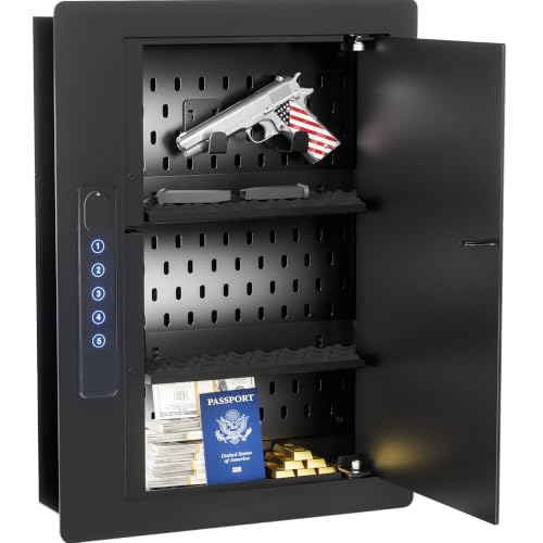 Image of Grimtron Electronic Wall Safe Between 16 inch Studs with Shelves & Hooks, Black