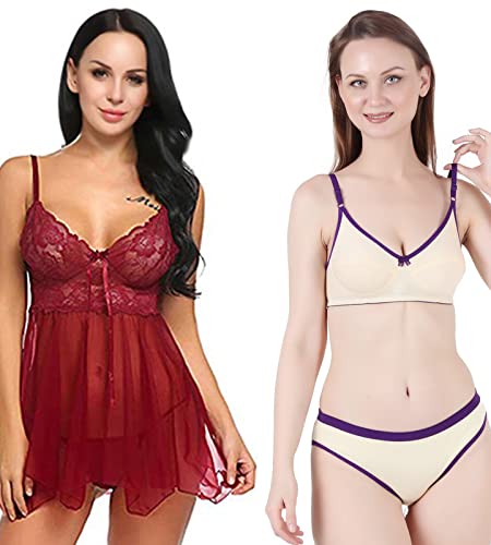 Image of Love Maker Babydoll Lingerie Bra Panty Set Undergarments for Women Honeymoon Nighties Small to 3XL