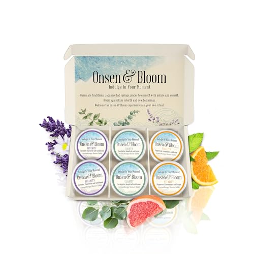 Onsen & Bloom Shower Steamers - Refreshing Shower Bombs Aromatherapy with Essential Oils, Box of 6 Shower Steamer, 2 Shower Tablets Per Blend