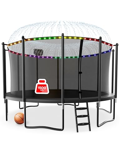 LHX 12FT Tranpoline Outdoor 1500LBS with Basketball Hoop Light and Sprinkler Large Heavy Duty Round Recreational Tranpoline for Kids and Adults for Family Backyard Fun ASTM Approved Black