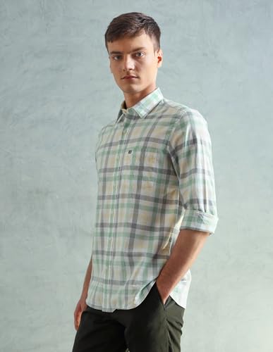 Image of Arrow Sport Men Slim fit Cotton Checked Long Sleeves Spread Collar Shirt