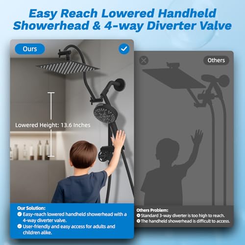 Image of Hibbent High Pressue All Metal 8 inch Rainfall Shower Head, Handheld 10-Spray | cUPC Certified Matte Black Dual Showerhead Combo, 4-way Diverter with Pause Mode, Brass Extension Arm, 71'' Hose & Holder