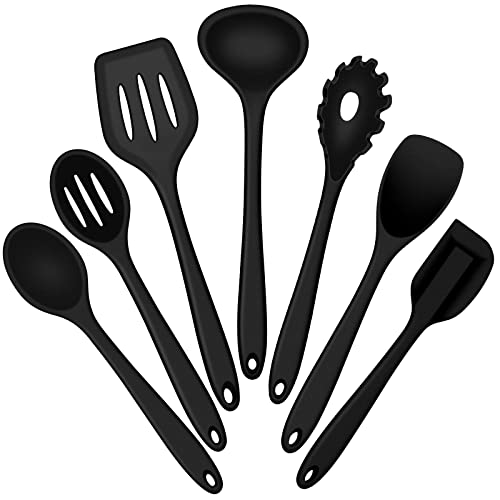 E-far Silicone Cooking Utensils Set, 7-Piece Black Heat Resistant Kitchen Utensils Set, Kitchen Nonstick Tools Spatula Ladle Spoon Pasta Server for Non-stick Cookware, Non-Toxic & Dishwasher safe