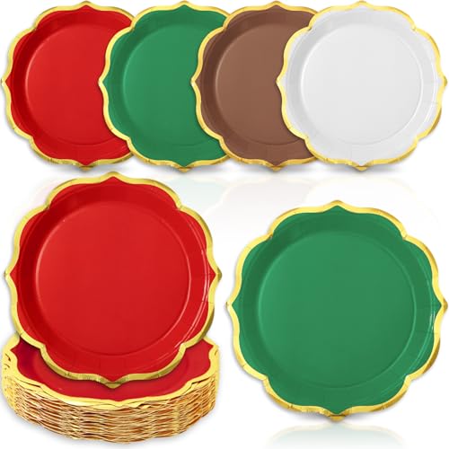 Whaline 36 Pcs Christmas Paper Plates Gold Foil Scalloped Disposable Plates Retro 4 Colors Dinner Plate for Xmas Winter Tableware Supplies Table Decor, 9 Inch